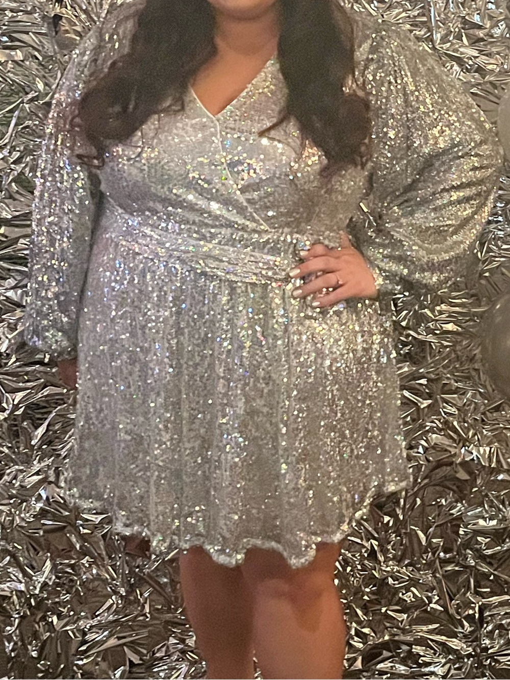 Boohoo Plus Silver Sequin Wrap Mini Dress
